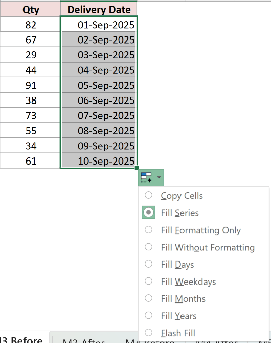 The Auto Fill Options button expanded, offering Fill Days, Fill Weekdays, Fill Months and Fill Years