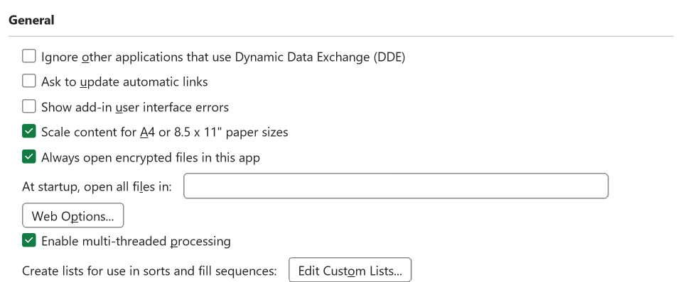 The General section of Excel Options Advanced, where the Edit Custom Lists button lives