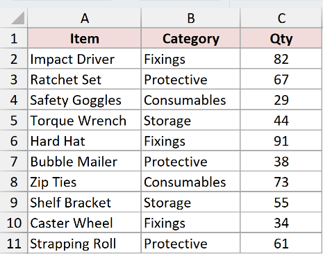 The custom list dragged down and cycling twice through Fixings, Protective, Consumables and Storage