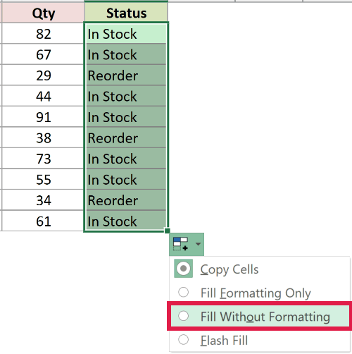 The Auto Fill Options menu with Fill Without Formatting highlighted
