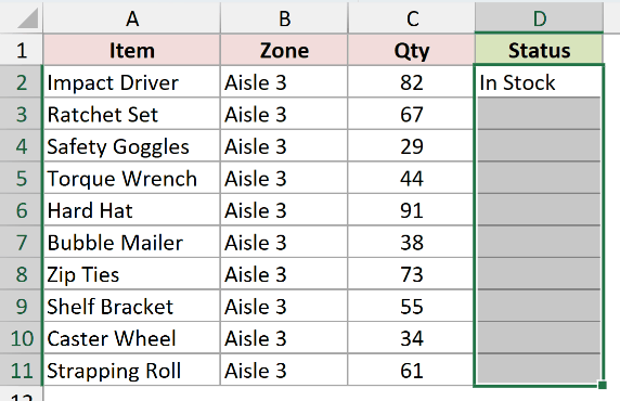 The range D2 to D11 selected, starting from the cell that already holds the formula