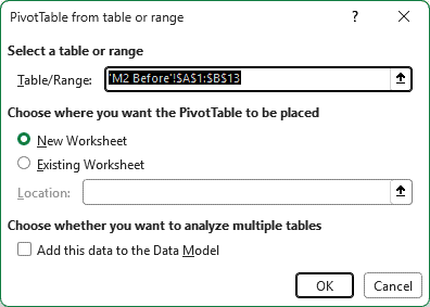The Create PivotTable dialog with the weight samples as the source range and New Worksheet selected