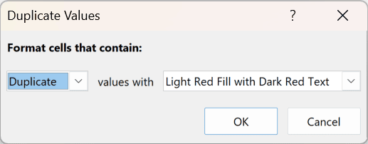 The Duplicate Values dialog: Duplicate selected, Light Red Fill with Dark Red Text as the format