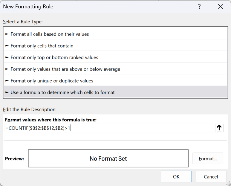 New Formatting Rule dialog with the COUNTIF formula entered