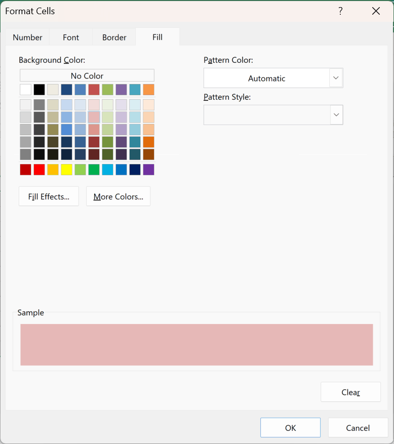 Format Cells > Fill tab, picking the light red fill for the rule