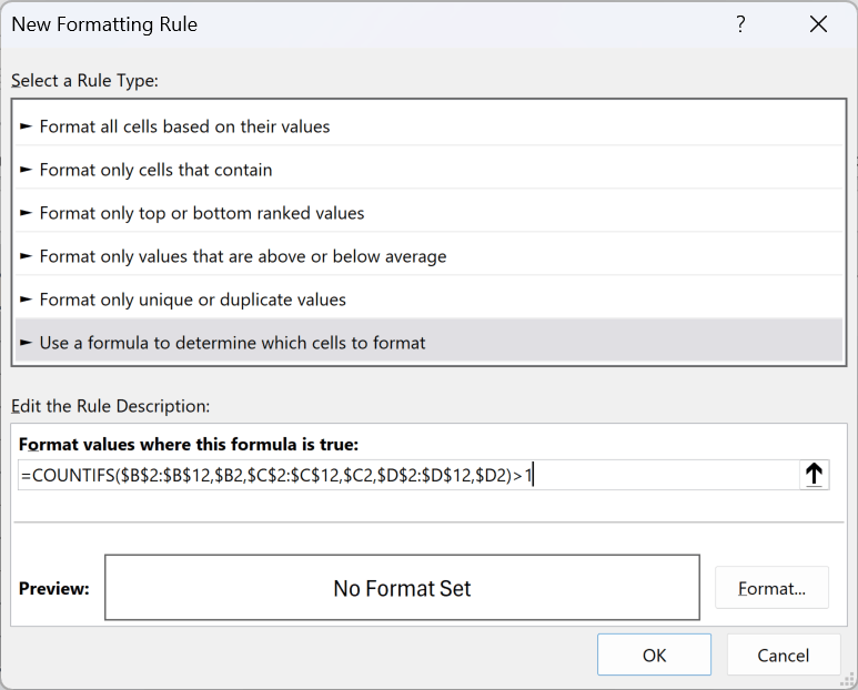New Formatting Rule dialog with the COUNTIFS formula entered
