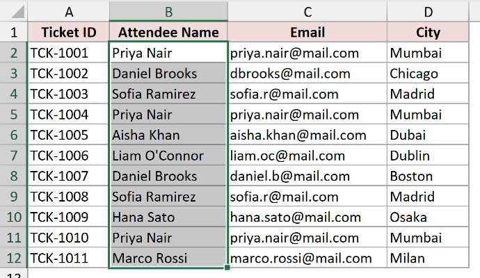 Excel registration list with the Attendee Name column B2:B12 selected and highlighted in gray