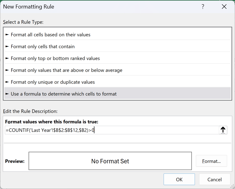 New Formatting Rule dialog with the cross-sheet COUNTIF formula entered