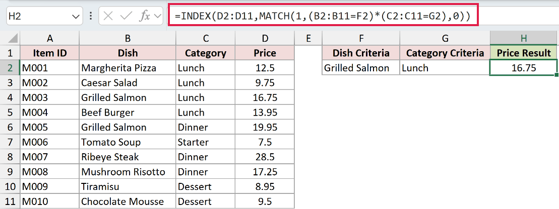 The same formula with the category criteria in G2 changed to Lunch, so the result in H2 switches to 16.75, the Lunch price for Grilled Salmon
