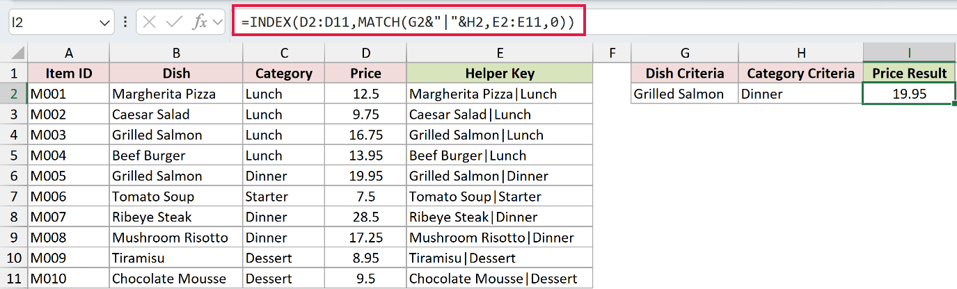 INDEX MATCH looking up the joined key from G2 and H2 in the helper column E2:E11 and returning 19.95 in I2