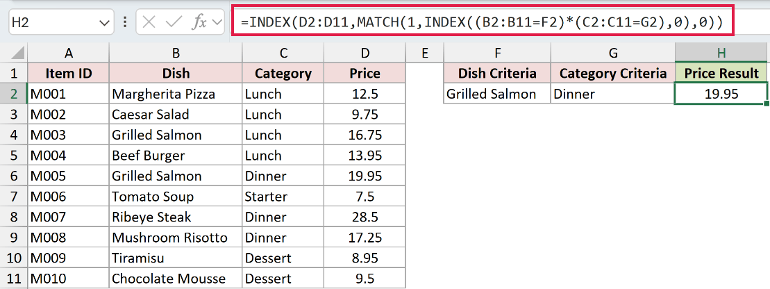 The non-array INDEX MATCH formula in H2, which nests an extra INDEX around the conditions so it returns 19.95 with a plain Enter, no Ctrl+Shift+Enter needed