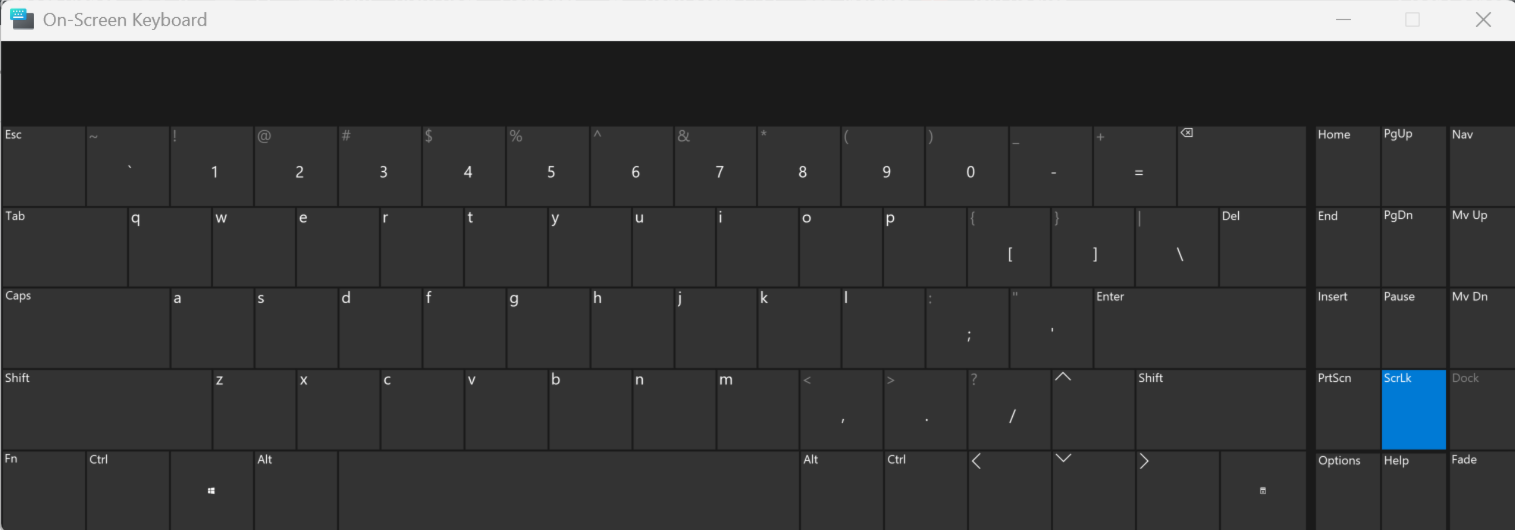 The Windows On-Screen Keyboard with the ScrLk key highlighted in blue, showing that Scroll Lock is turned on