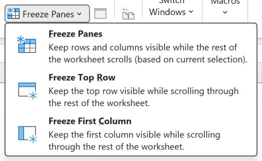 Excel Freeze Panes dropdown menu showing options for Freeze Panes, Freeze Top Row, and Freeze First Column