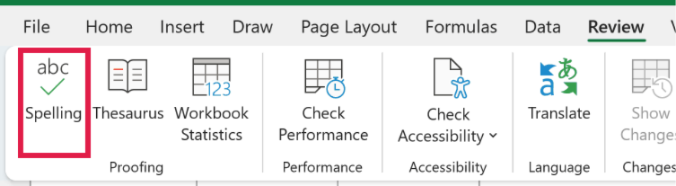 The Spelling button in the Proofing group on Excel's Review tab.