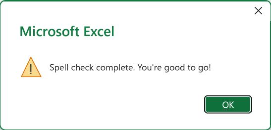 Excel's confirmation message that the spell check is complete for the whole sheet.