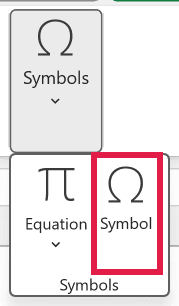 The Symbols group on the Insert tab of the Excel ribbon, with the Symbol button highlighted.