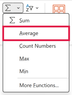 The AutoSum drop-down open on the Home tab of the Excel ribbon, with the Average option ready to click.