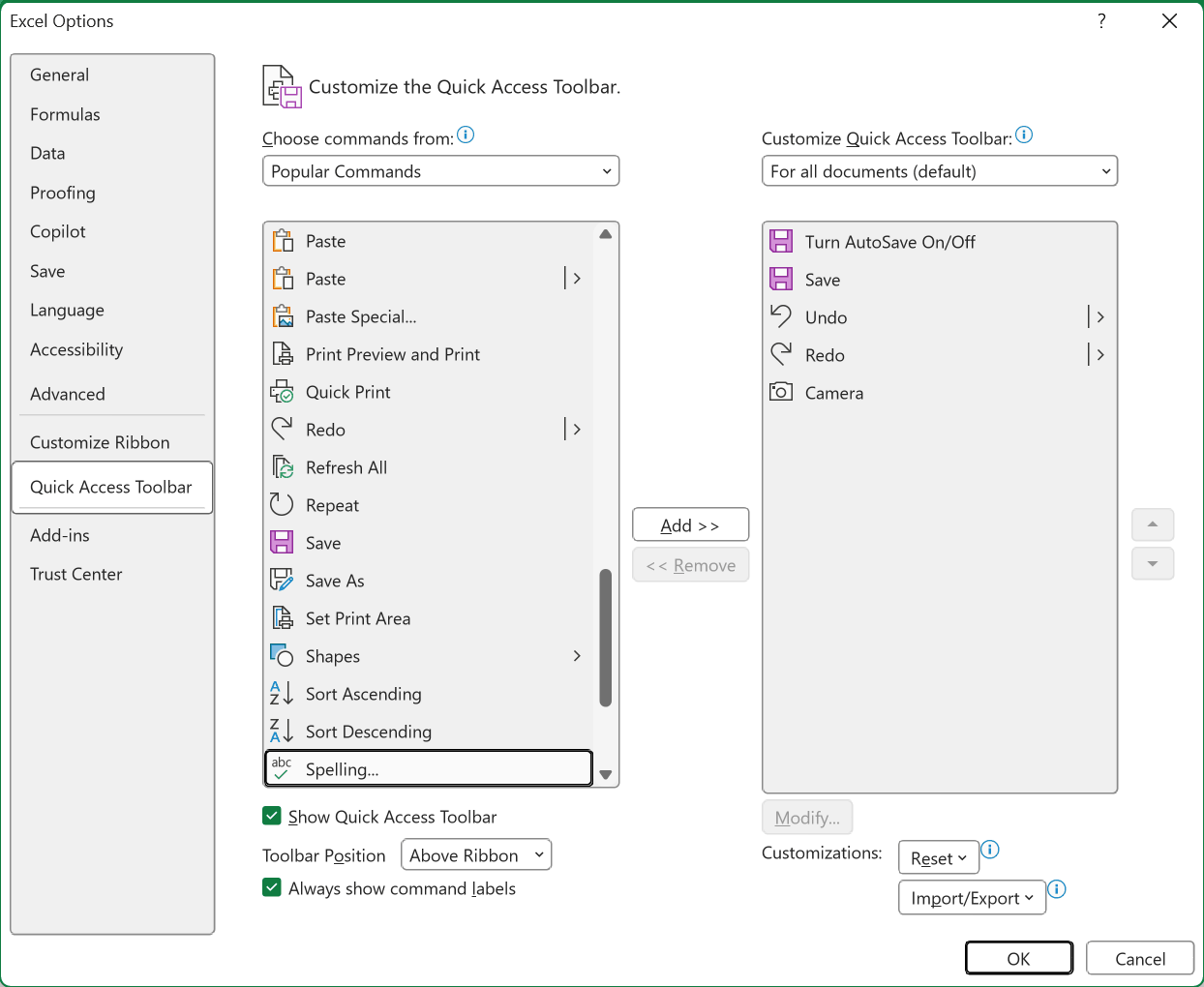 The Quick Access Toolbar page of Excel Options with Spelling selected in the command list, ready to click Add.
