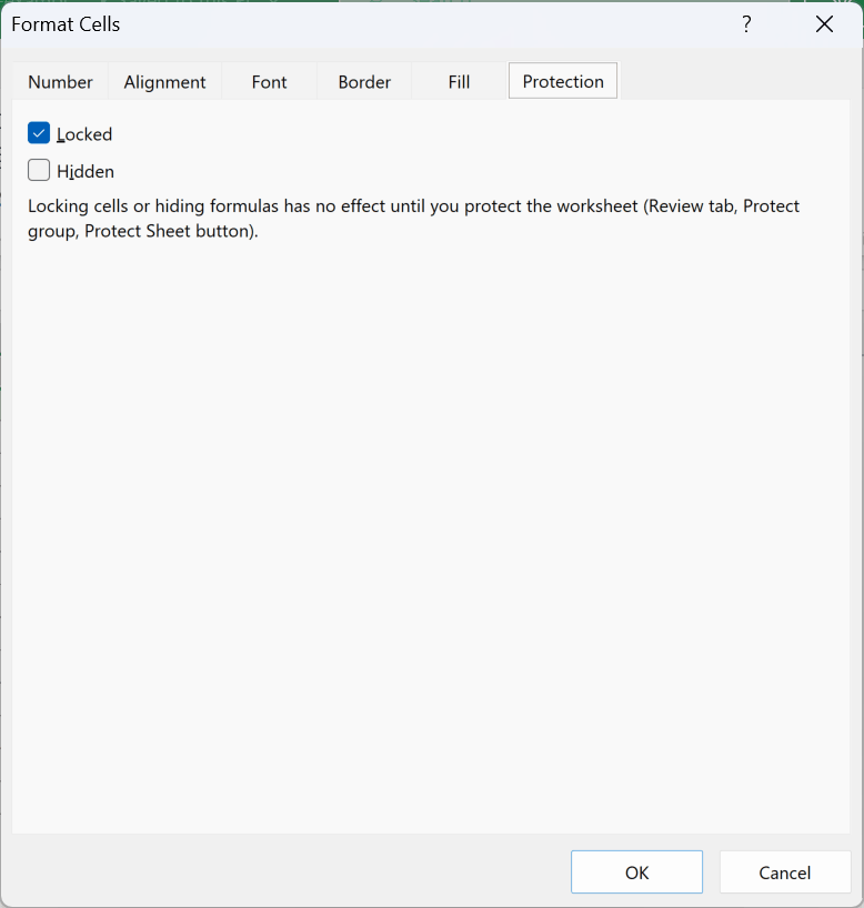 Format Cells dialog on the Protection tab with the Locked checkbox checked for row 1.