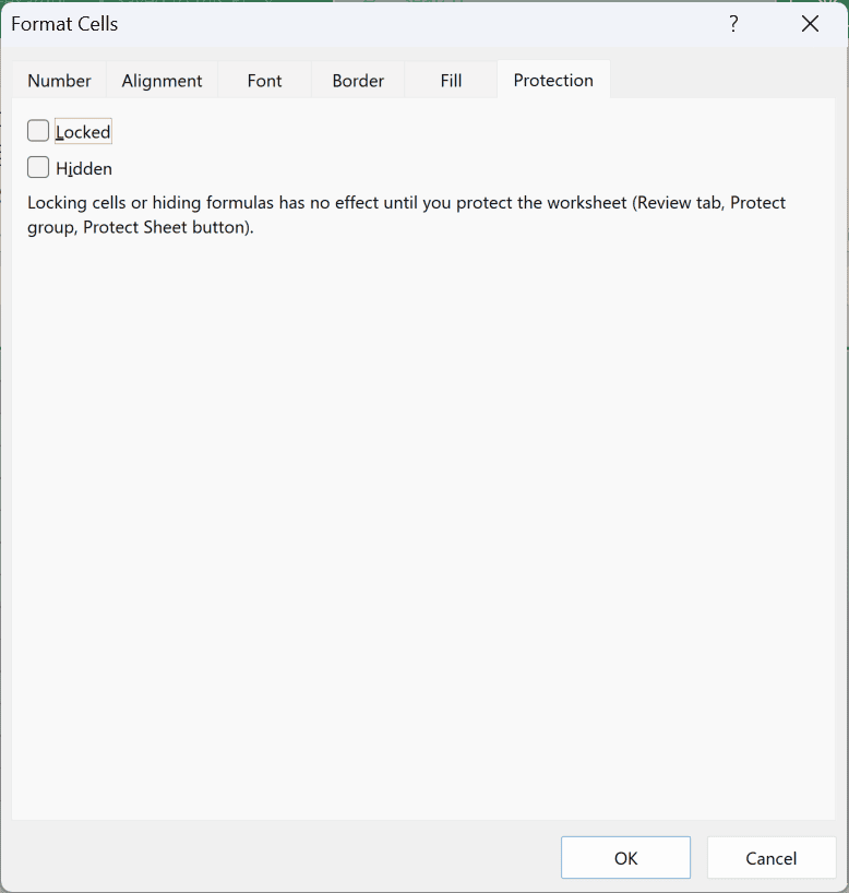 Format Cells dialog on the Protection tab with the Locked checkbox unchecked, so every cell on the sheet is unlocked.