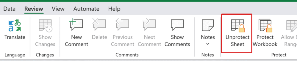Review tab on a protected sheet: the Protect group button now reads Unprotect Sheet.