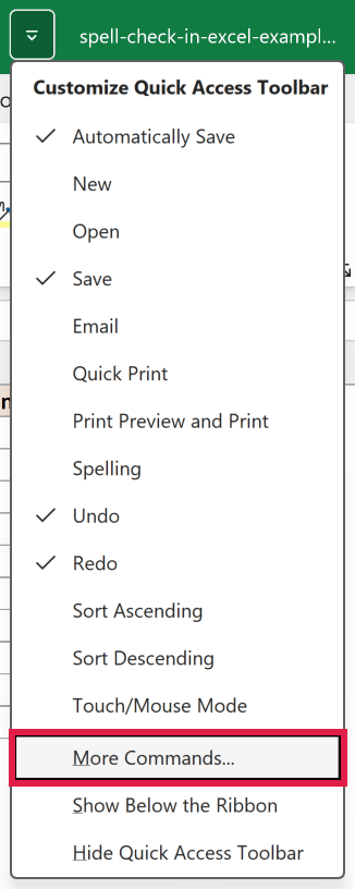 The Customize Quick Access Toolbar drop-down open, with More Commands highlighted.