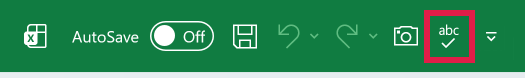 The Spelling icon pinned to Excel's Quick Access Toolbar at the top of the window.