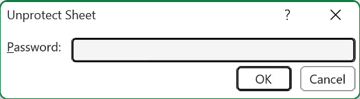 The Unprotect Sheet password prompt that appears when you click Unprotect Sheet on a password-protected sheet.