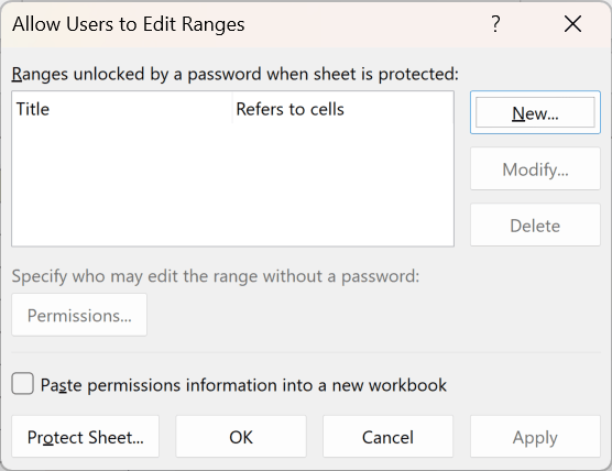 The Allow Users to Edit Ranges dialog opened from the Review tab, still empty, with the New button for adding an editable range.