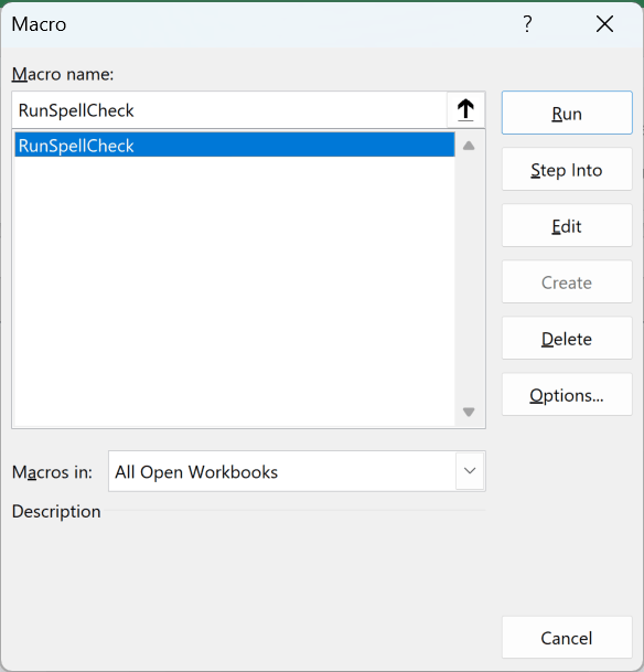 The Macro dialog opened with Alt + F8, with RunSpellCheck selected and the Run button ready.