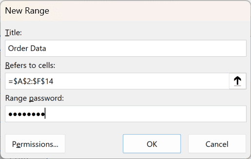 The New Range dialog with the title Order Data, the order rows A2:F14 in the Refers to cells box, and a range password entered.