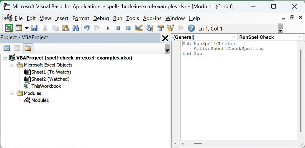 The RunSpellCheck macro pasted into a new module in Excel's VBA editor.
