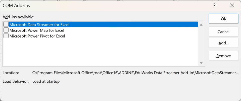 The COM Add-Ins dialog with its checkbox list of COM add-ins, opened by setting Manage to COM Add-ins and clicking Go.
