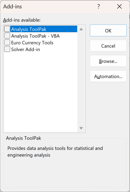 The Add-Ins dialog with its checkbox list of Excel add-ins, opened by setting Manage to Excel Add-ins and clicking Go.