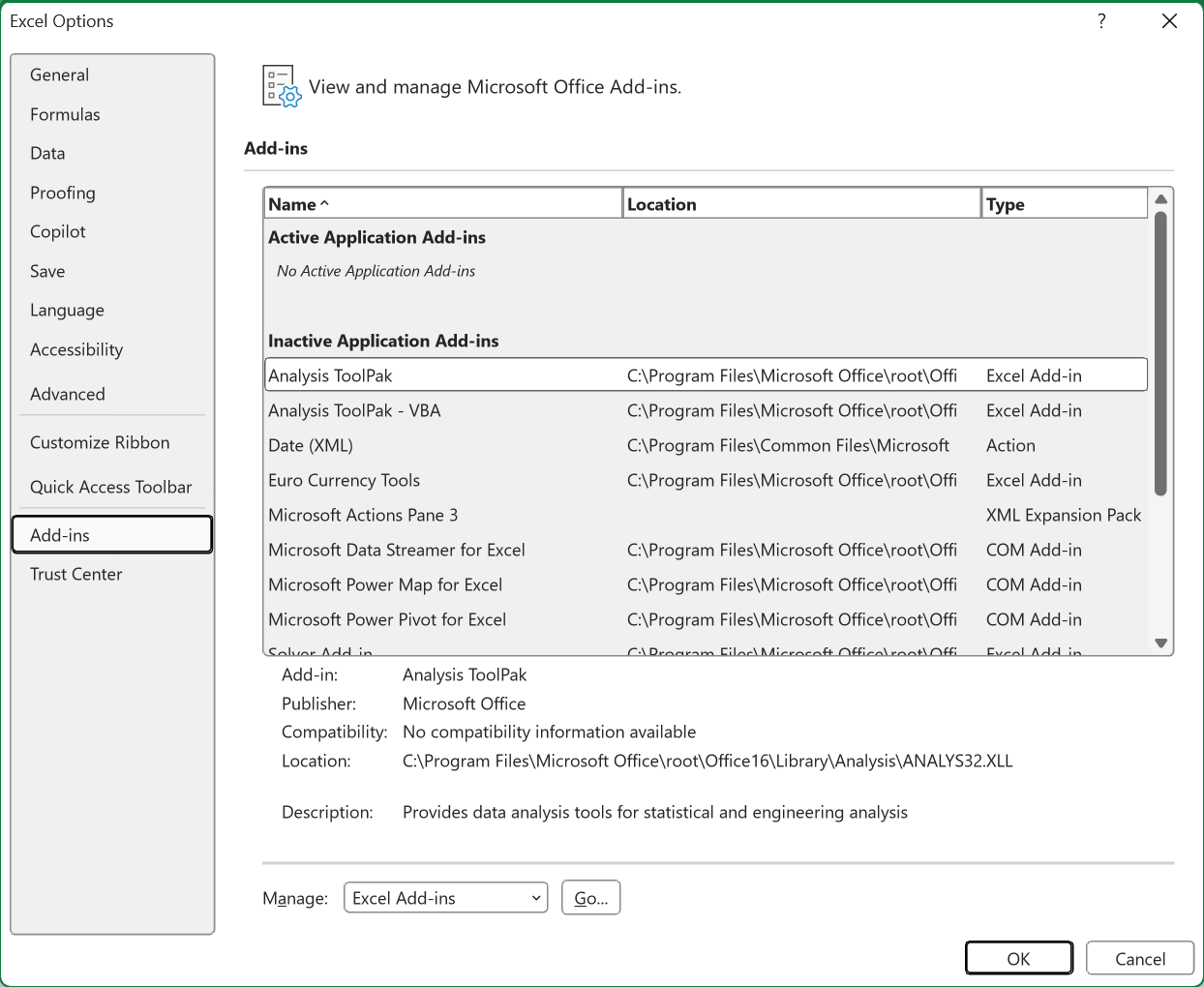 The Add-ins pane of Excel Options, with the Manage dropdown at the bottom, reached via File > Options > Add-ins.