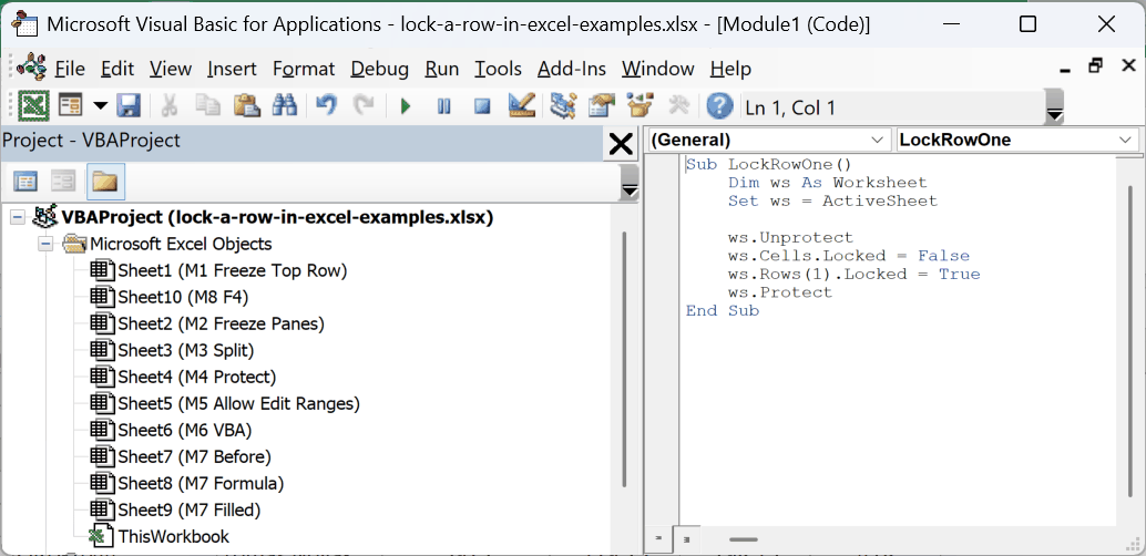 VBA editor showing LockRowOne macro code to unprotect sheet, lock row 1, and re-protect the worksheet