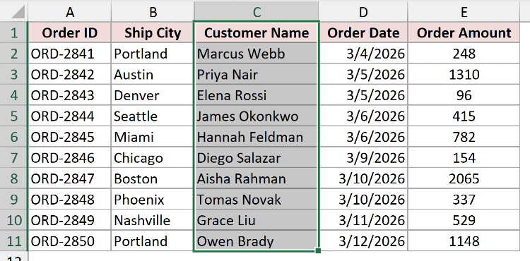 Excel spreadsheet showing column C, Customer Name, selected and highlighted for moving
