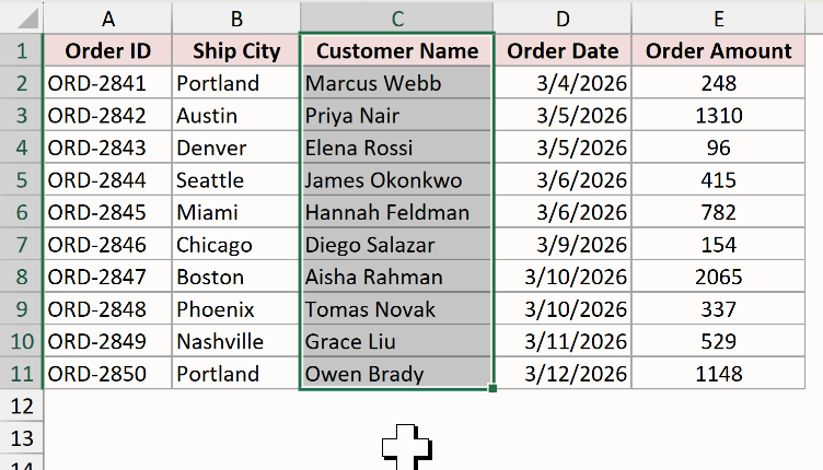 Holding Shift while dragging the Customer Name column left: the I-beam insertion line sits on the boundary between column A and column B