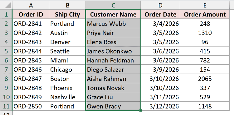 Excel spreadsheet showing column C, Customer Name, highlighted and selected for moving