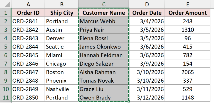 After Ctrl + X: a dashed marching-ants border around the cut Customer Name column