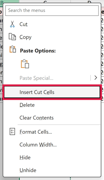Right-clicking the column B header with the cut active: the column menu shows the Insert Cut Cells command