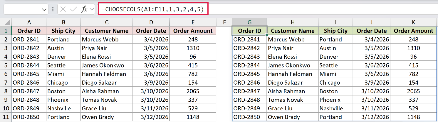 Excel formula bar showing CHOOSECOLS to reorder Customer Name column from C to B in the dataset range A1:E11