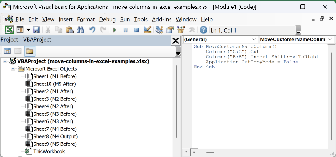 VBA editor showing a macro to cut column C and insert it into column B to move the Customer Name column