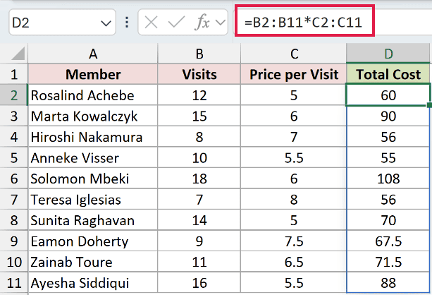 =B2:B11*C2:C11 typed once in cell D2 and spilling a total for every member down column D
