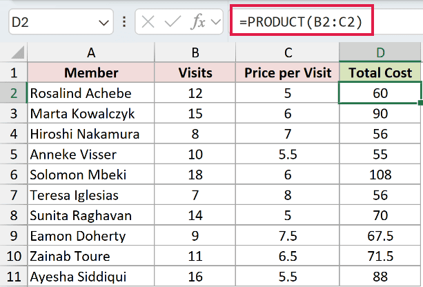 =PRODUCT(B2:C2) in cell D2 returning 60 for 12 visits at $5 each