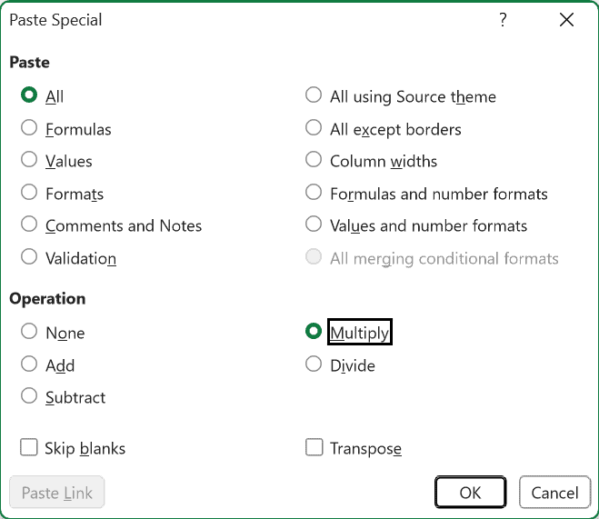 The Paste Special dialog with Multiply selected under Operation