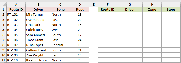 Ten delivery routes with a Route ID, driver, zone and stop count, and the empty bordered area to the right where the shuffled copy will spill