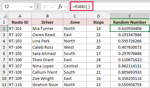 =RAND() entered in cell E2 under the Random Number header