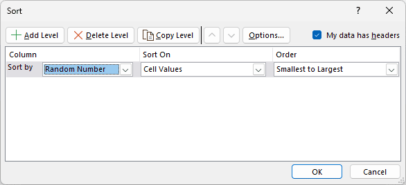 The Sort dialog with My data has headers ticked and Sort by set to the Random Number helper column