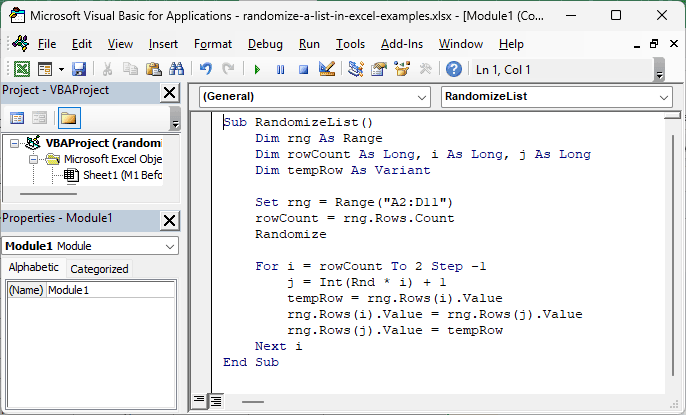 The RandomizeList macro pasted into a new module in the VBA editor